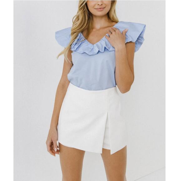NEW ENGLISH FACTORY- Pastel Blue Ruffle Neckline Blouse Top Size S - Picture 1 of 11